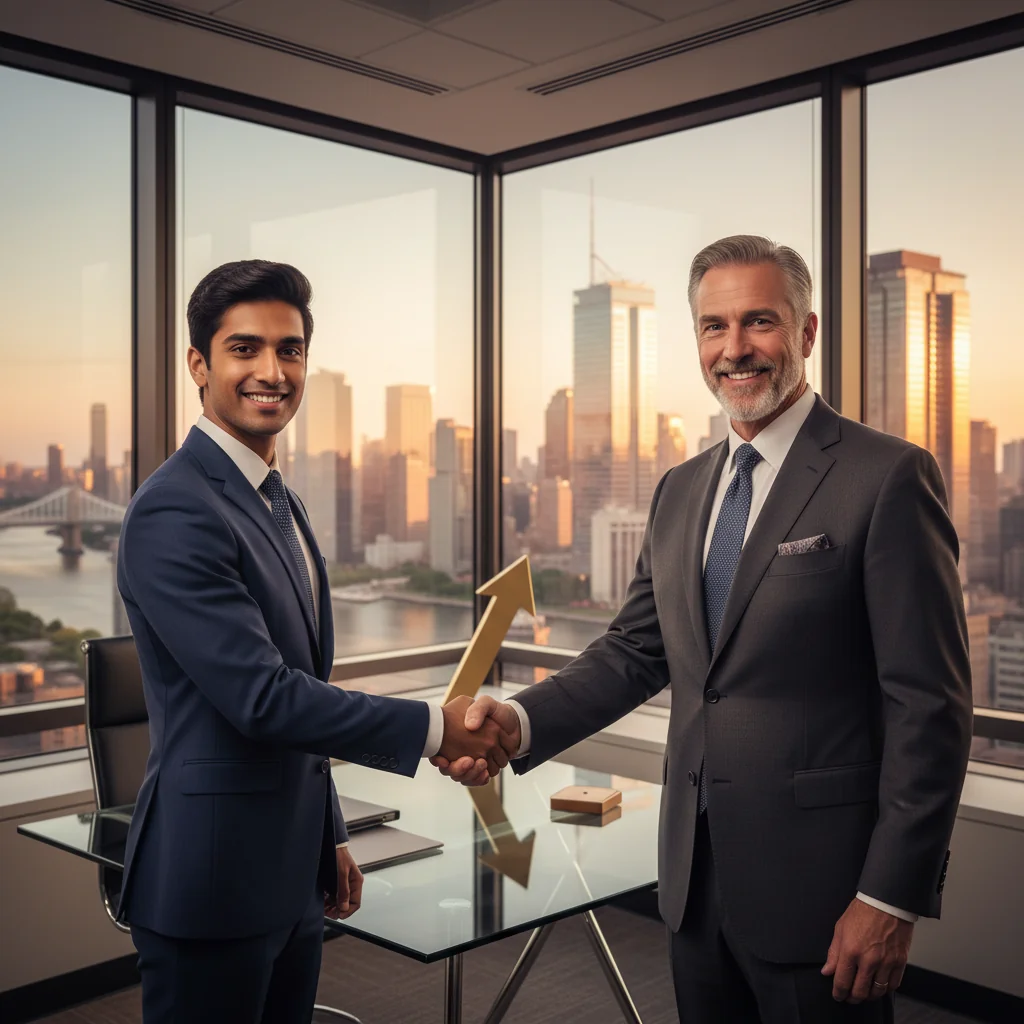 A professional employee in a modern office setting, shaking hands with a business executive across a desk, symbolizing successful negotiation of an employment contract. The atmosphere is confident and collaborative, with subtle elements like a city skyline in the background, emphasizing career advancement in the USA.