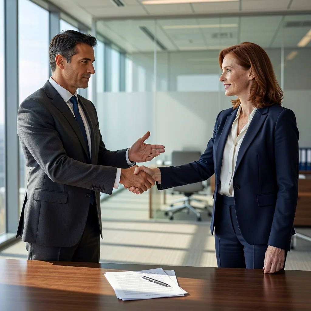 A photorealistic image of a professional adult employee in a modern office environment, shaking hands with a colleague during a job interview, symbolizing the signing of an employment contract. The scene conveys agreement, professionalism, and positive work relations, with no children present.