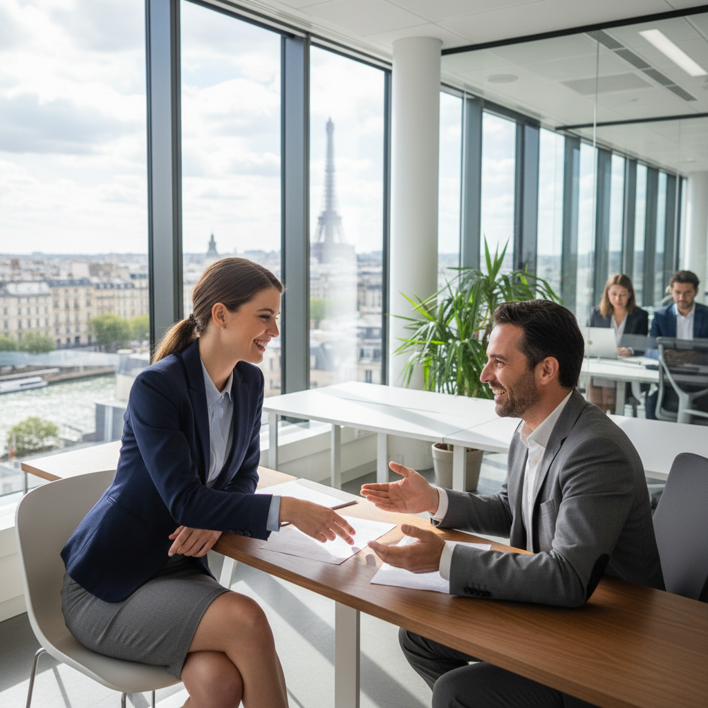 A photorealistic image of a professional adult employee in a modern French office setting, shaking hands with a business colleague during a job onboarding meeting, symbolizing the start of an employment contract, with subtle French elements like a window view of Paris in the background.
