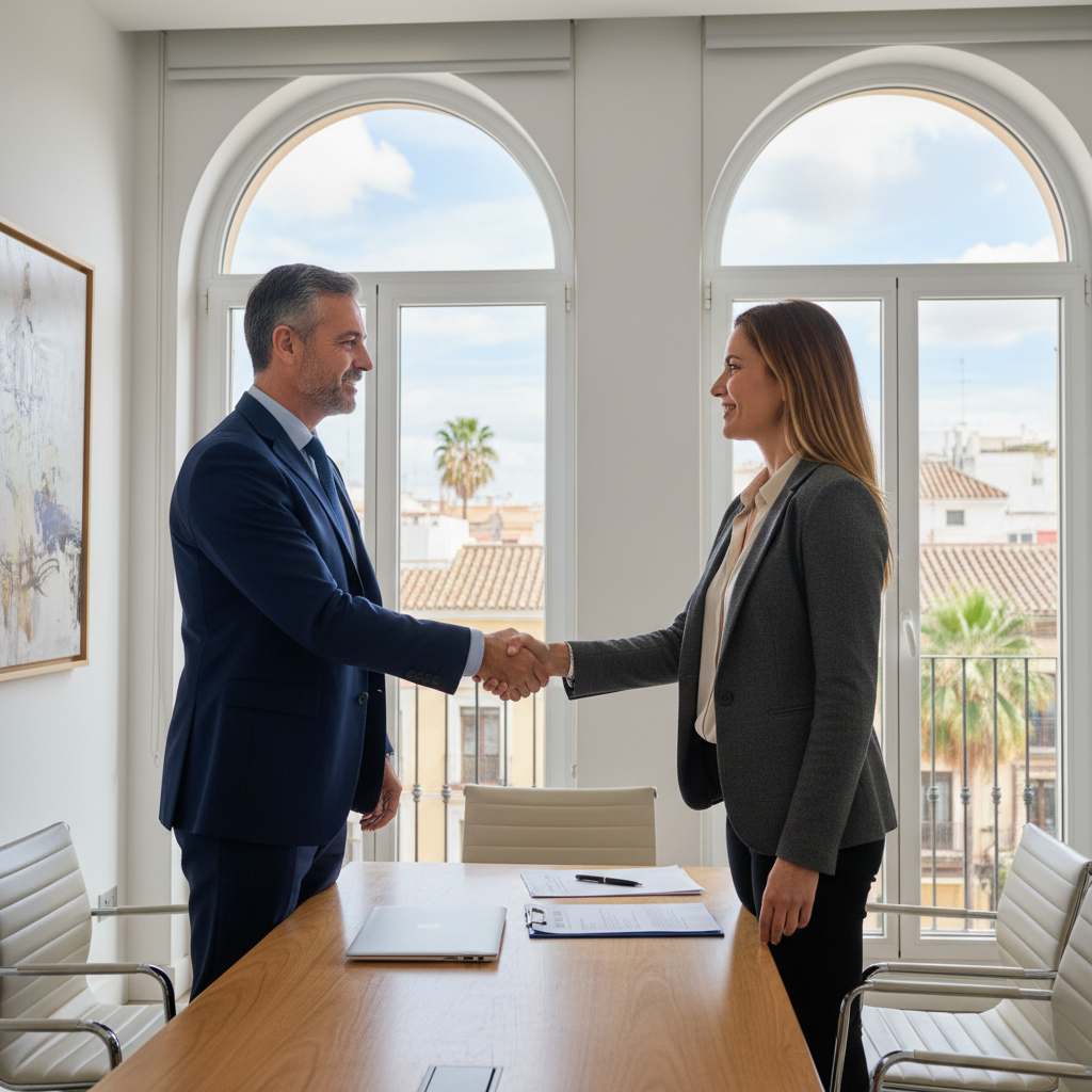 A photorealistic image of a professional adult employee in a modern Spanish office setting, shaking hands with their employer across a desk, symbolizing the agreement and mutual rights and obligations in an employment contract. The scene conveys trust, collaboration, and professionalism, with warm lighting and authentic details like office plants and city view from the window. No children are present.