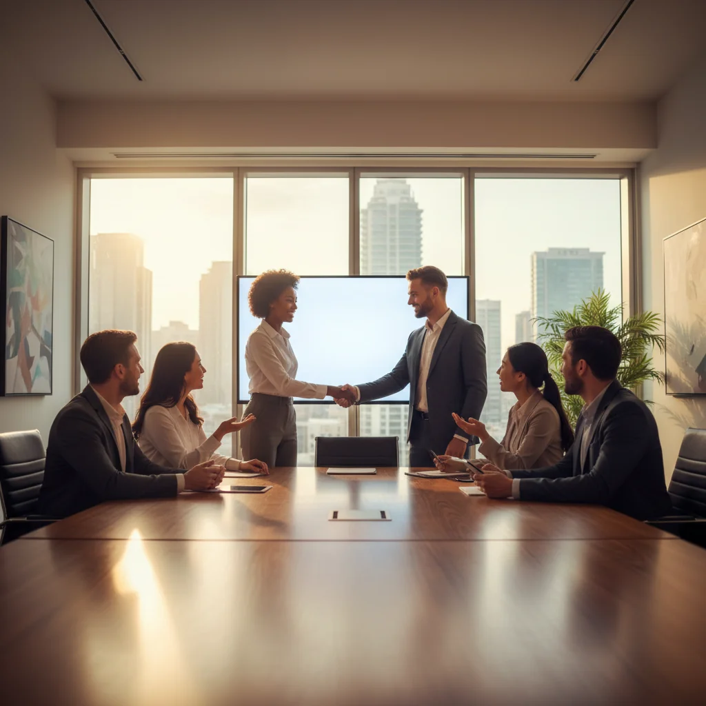 A professional office setting showing a diverse group of employees collaborating in a modern workspace, symbolizing successful employment and career growth, with elements like handshakes or team meetings to represent agreement and partnership in a job environment.