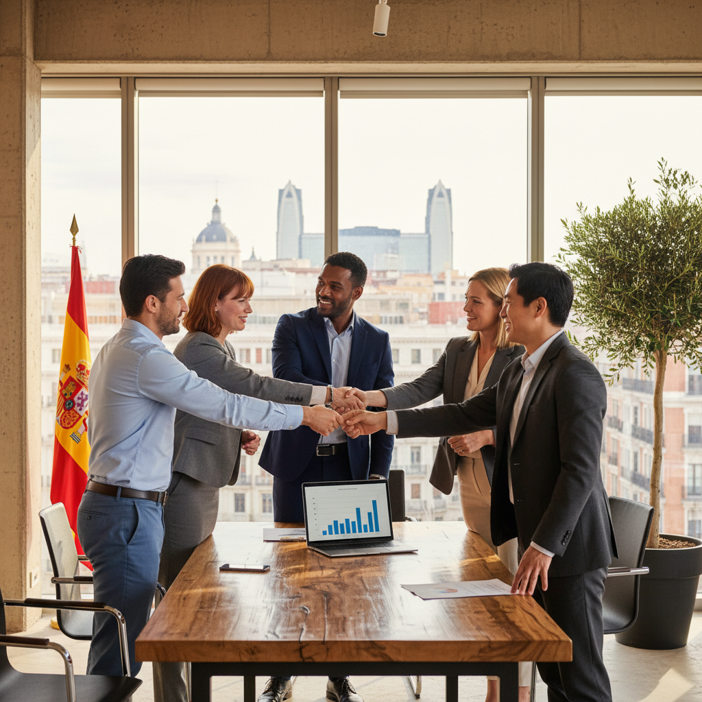 A photorealistic image of a diverse group of adult professionals in a modern Spanish office setting, shaking hands over a desk to symbolize the signing of an employment contract, with elements like a laptop, coffee mug, and city skyline view in the background, evoking themes of job opportunities and labor relations in Spain.