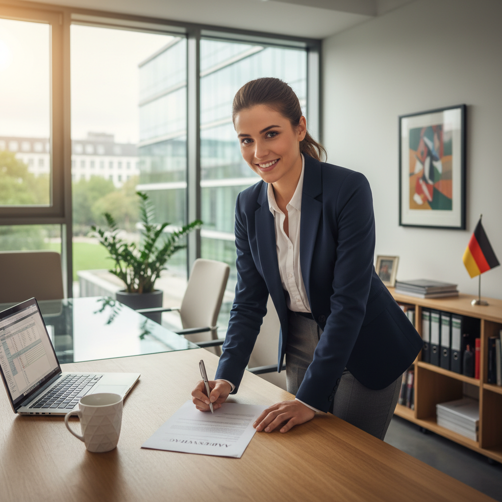 A photorealistic image of a professional adult employee in a modern German office setting, shaking hands with a colleague during a job onboarding meeting, symbolizing the start of an employment contract. The scene conveys positivity and professionalism, with elements like a desk, computer, and subtle German flag in the background. No children are present.