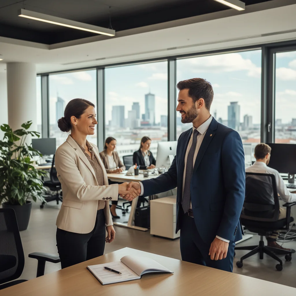 A photorealistic image of a professional adult employee in a modern German office setting, shaking hands with a colleague during a job onboarding moment, symbolizing the start of an employment contract. The scene conveys professionalism, opportunity, and career beginning in Germany, with subtle German elements like a flag or Berlin skyline in the background. No children or minors are present in the image.
