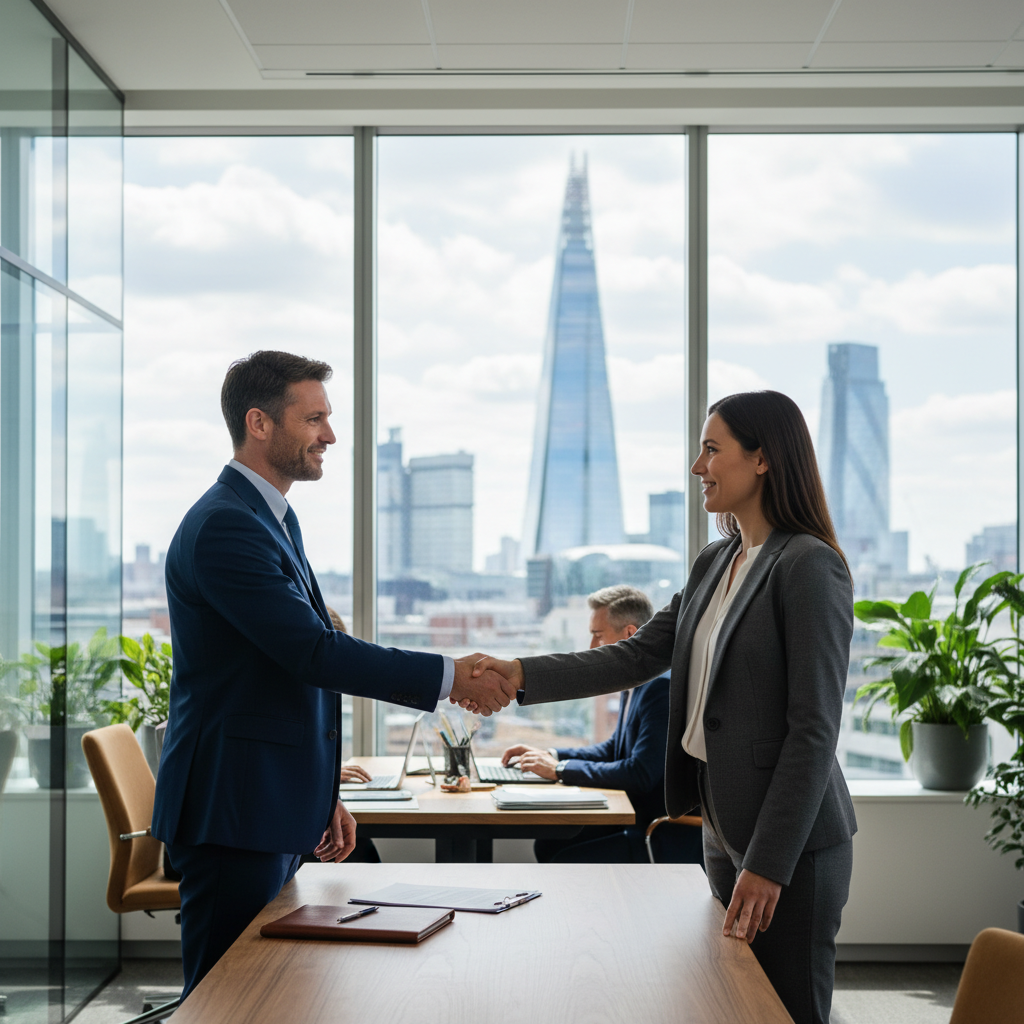 A photorealistic image of a professional adult employee shaking hands with a business colleague in a modern office setting, symbolizing the start of an employment agreement in the UK, with subtle British elements like a Union Jack flag in the background, no children present, highly detailed and realistic.