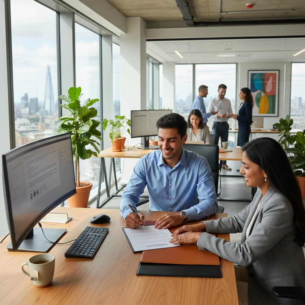A photorealistic image of a professional adult employee in a modern office setting, shaking hands with a colleague during a job onboarding meeting, symbolizing the start of employment and the role of contracts in securing work agreements. The scene conveys positivity, professionalism, and collaboration among adults only.