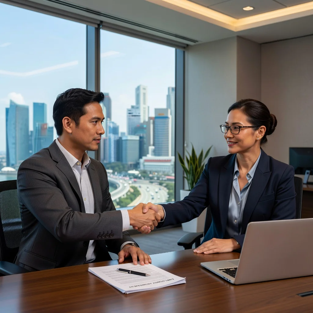 A photorealistic image of a professional adult employee in a modern Singapore office, shaking hands with a colleague during a job onboarding meeting, symbolizing the start of employment and the importance of employment contracts. The scene includes elements like a city skyline view, diverse adult professionals, and office setting, conveying professionalism and agreement without showing any documents.
