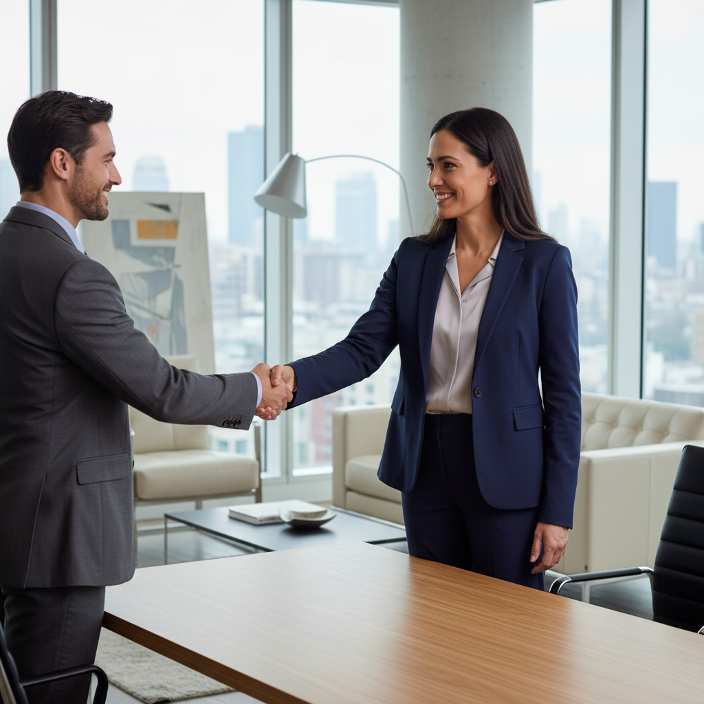 A photorealistic image of a professional adult employee in a modern office environment, shaking hands with a colleague during a job onboarding meeting, symbolizing the start of employment and the importance of contracts, with no children present.