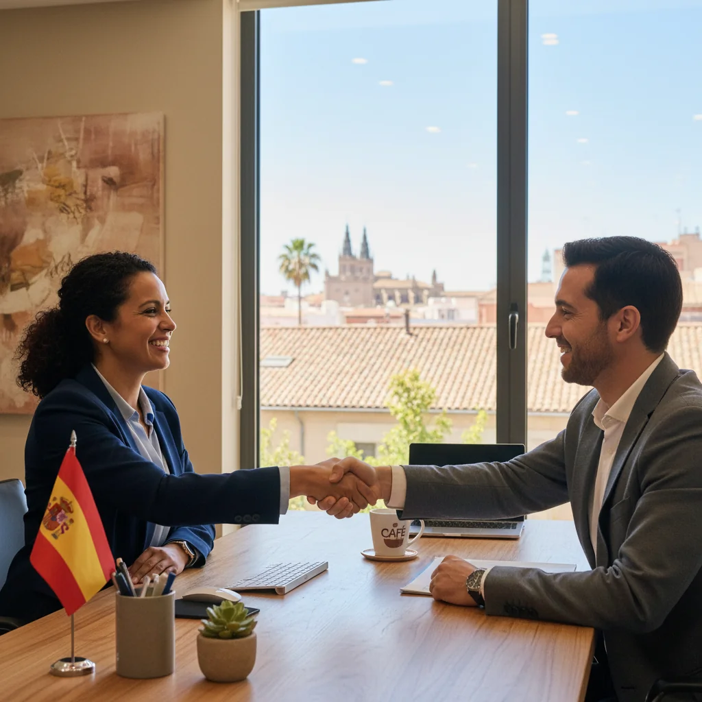 A photorealistic image of a professional adult employee in a modern Spanish office setting, shaking hands with an employer over a desk, symbolizing the start of a new job and the agreement of an employment contract, with subtle Spanish elements like a flag or architecture in the background. No children or documents visible.