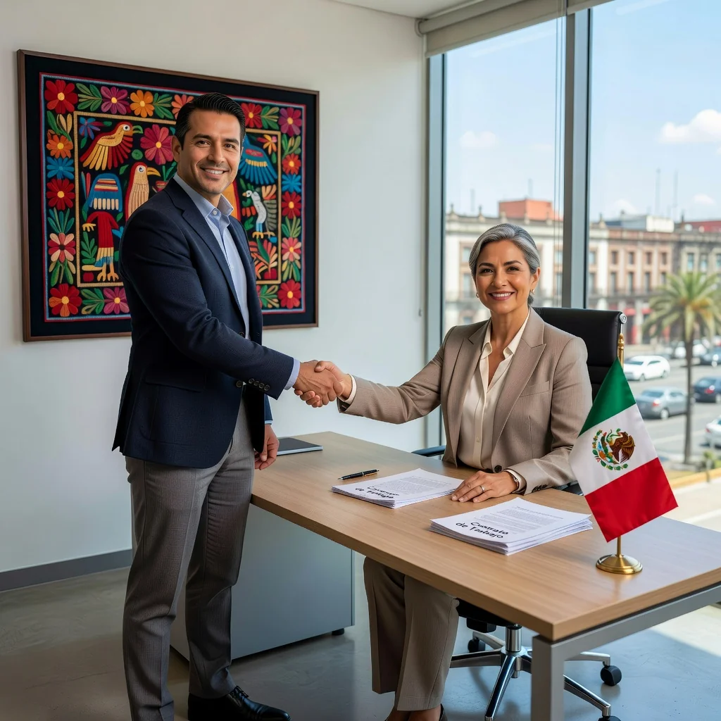 A photorealistic image of a professional adult employee shaking hands with an employer in a modern Mexican office setting, symbolizing the start of an employment contract, with subtle Mexican cultural elements like a flag or decor in the background. No children are present.