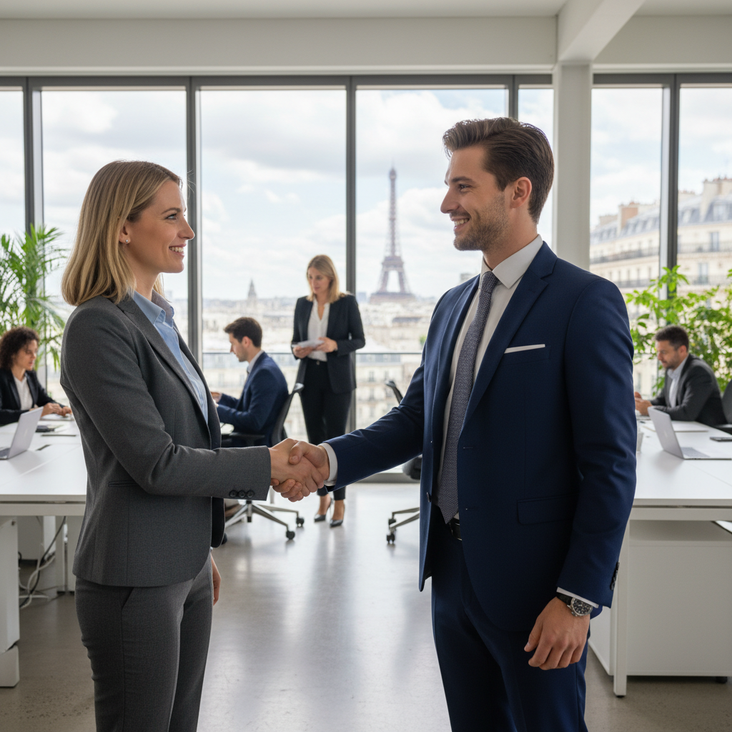 A photorealistic image of a professional adult employee in a modern French office, shaking hands with a colleague across a desk, symbolizing the start of an employment relationship, with subtle French elements like a flag or Eiffel Tower view in the background. No children or legal documents visible.