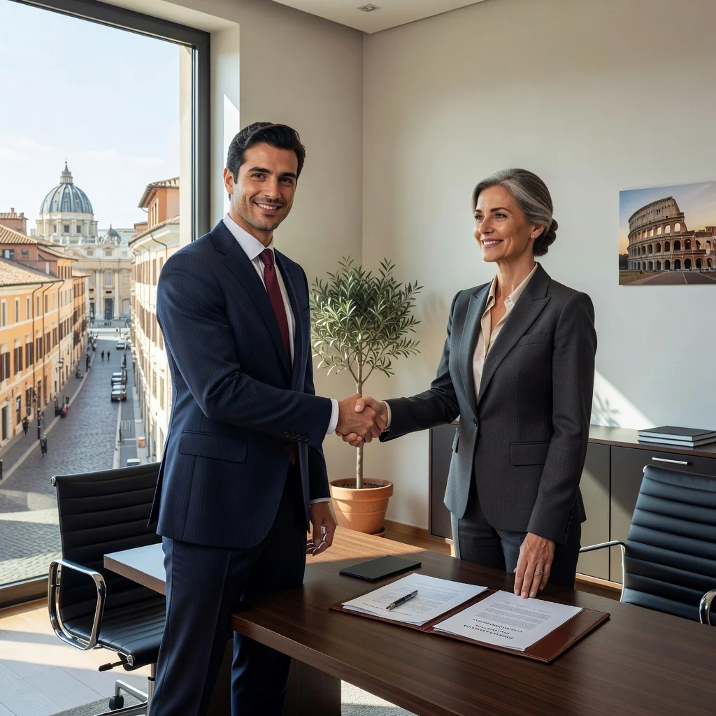A photorealistic image of a professional adult employee in a modern Italian office setting, shaking hands with a business colleague during a job interview, symbolizing the start of an employment contract in Italy, with subtle Italian elements like a flag or architecture in the background, no children present.