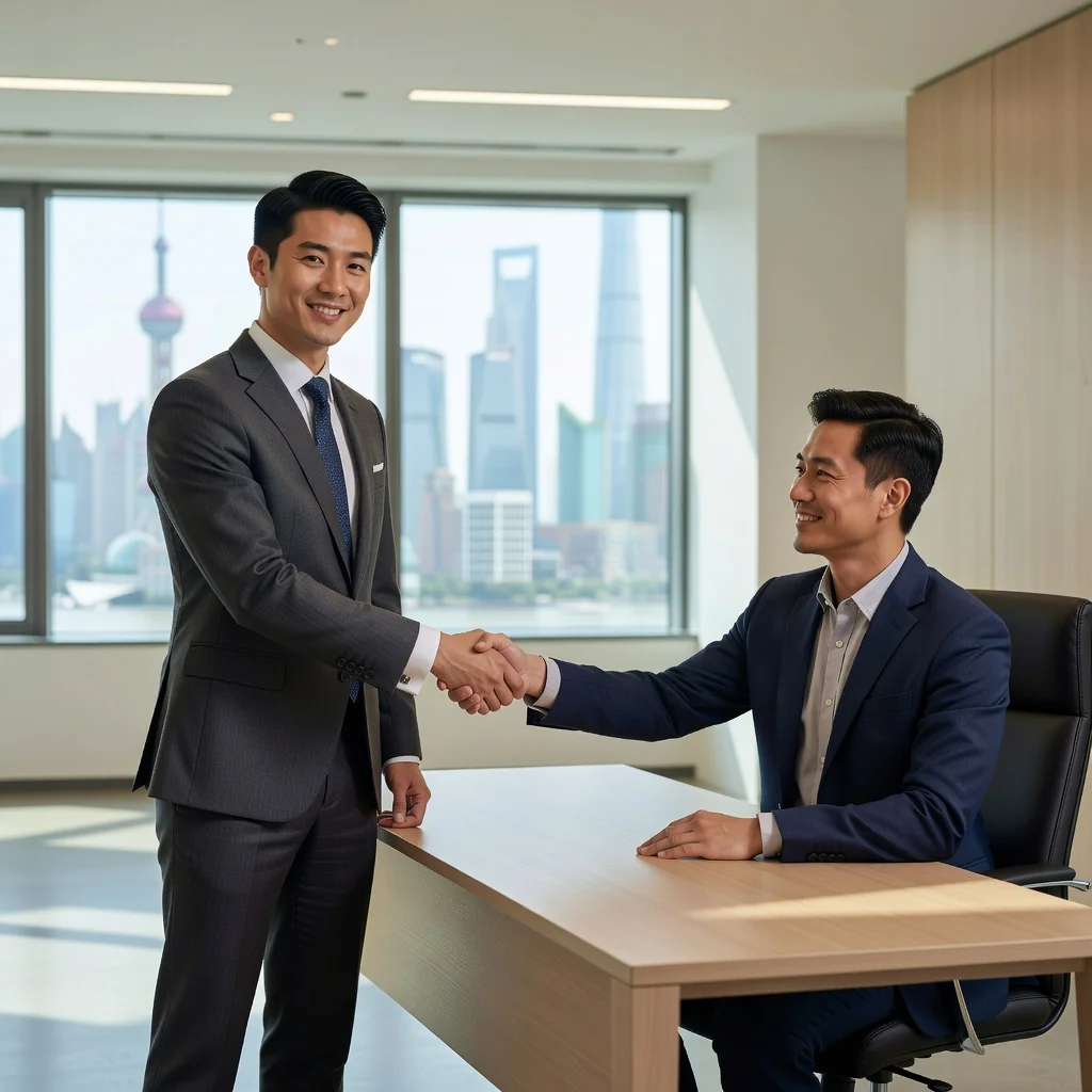 A photorealistic image of a professional adult employee in a modern Chinese office environment, shaking hands with a business colleague across a desk, symbolizing the agreement and start of an employment contract. The scene conveys trust, professionalism, and new beginnings in the workplace, with subtle Chinese cultural elements like office decor in the background. No children are present in the image.
