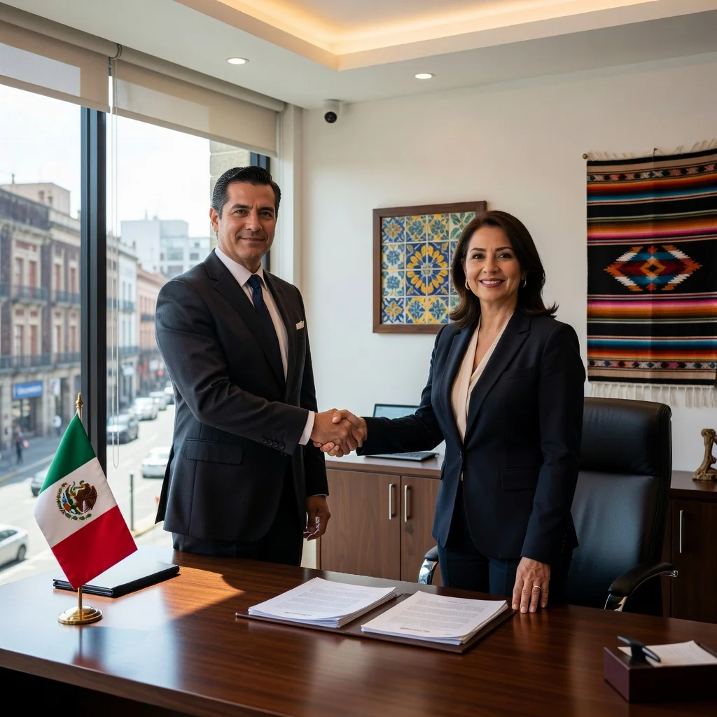 A photorealistic image depicting a professional service provider and client shaking hands in a modern Mexican office setting, symbolizing trust and agreement in service contracts, with subtle Mexican cultural elements like a flag or architecture in the background. No children are present in the image.