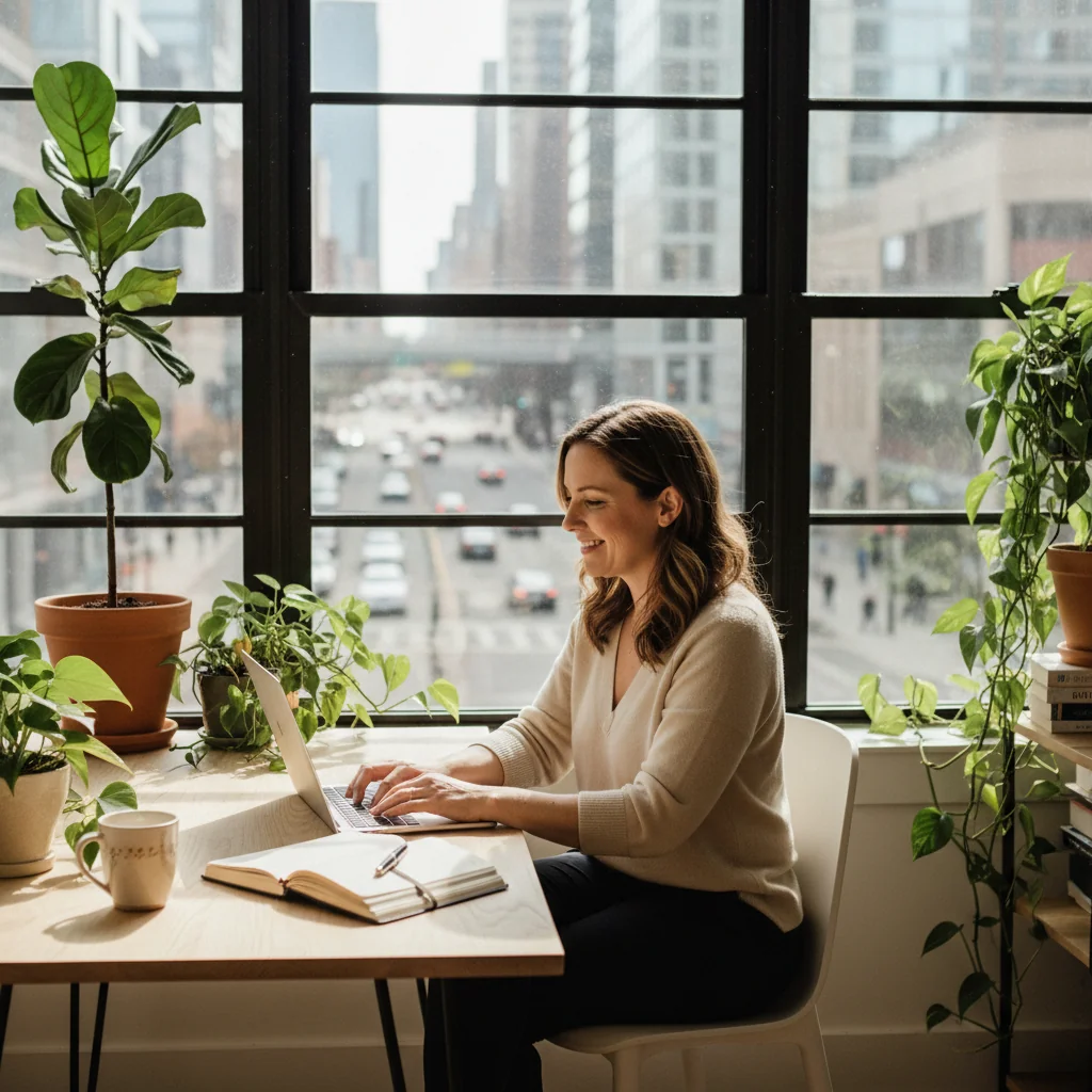A photorealistic image representing the advantages of a civil law contract over an employment contract, showing a flexible professional freelancer working independently from a modern home office, with a laptop, coffee, and city view, symbolizing freedom and benefits without traditional office constraints.