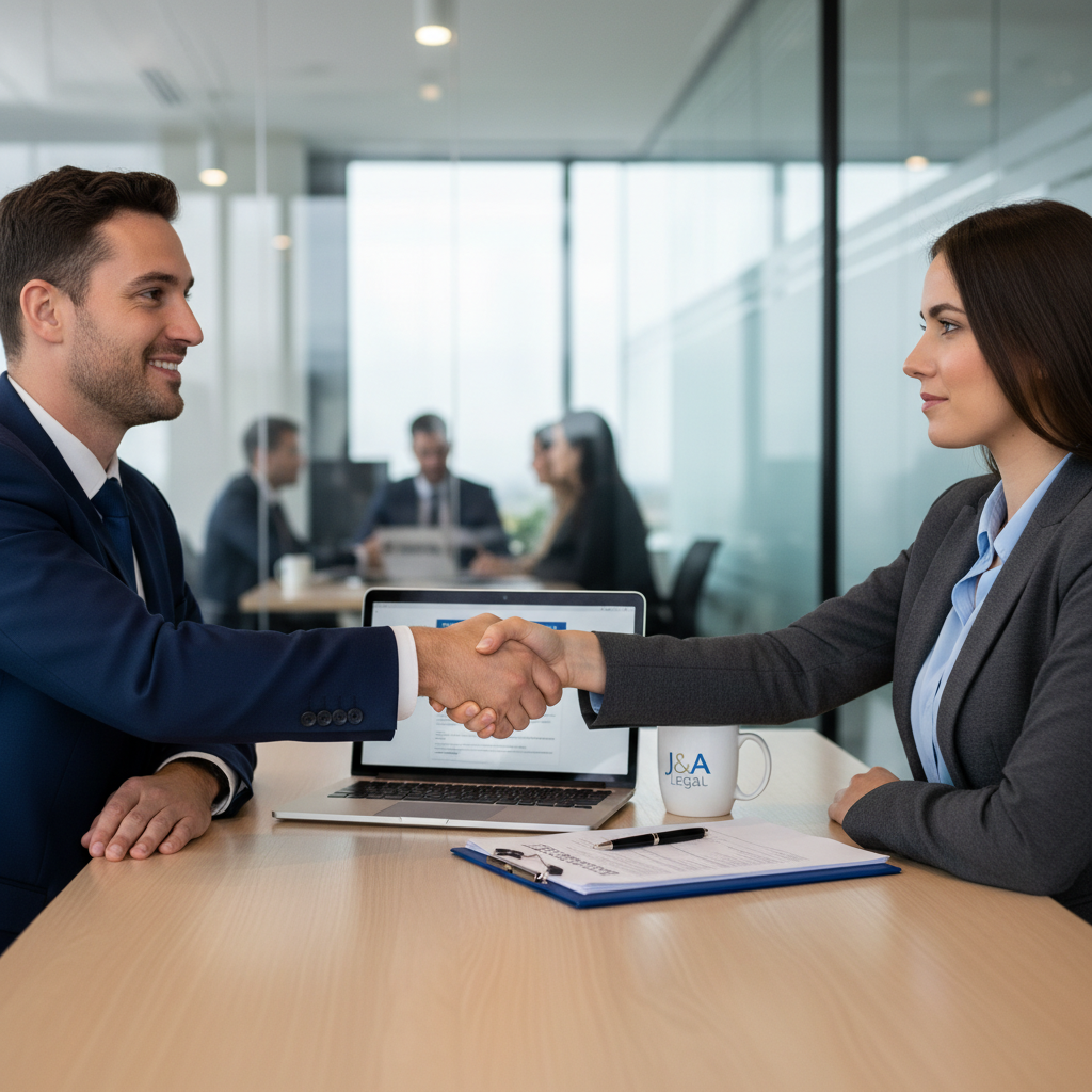 A professional handshake between two adults in a modern office setting, symbolizing the agreement and trust in a service contract, with subtle business elements like a desk and laptop in the background.