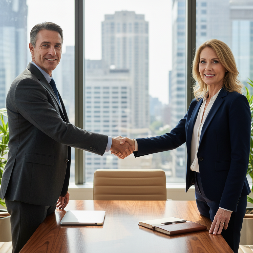 A photorealistic image of two professional adults, a man and a woman, shaking hands across a modern conference table in a bright office setting, symbolizing the agreement and trust in a service provision contract. They are dressed in business attire, with subtle elements like a laptop and coffee cups on the table, conveying collaboration and service delivery without showing any legal documents.