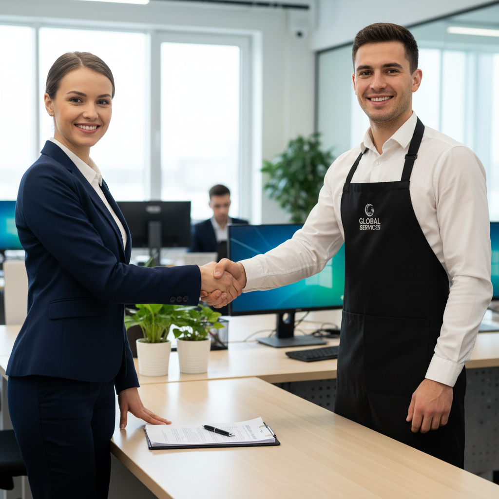 A photorealistic image depicting two adults shaking hands in a professional office environment, symbolizing the agreement of a free service contract between a client and a service provider, with no legal documents visible, and no children present.