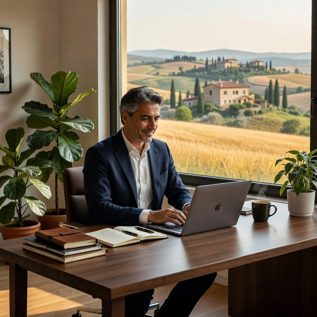 A photorealistic image of a confident adult freelancer working independently at a modern home office setup in Italy, with subtle Italian landmarks visible through a window, symbolizing autonomous work under a self-employment contract. The scene conveys freedom, productivity, and professionalism without showing any legal documents.