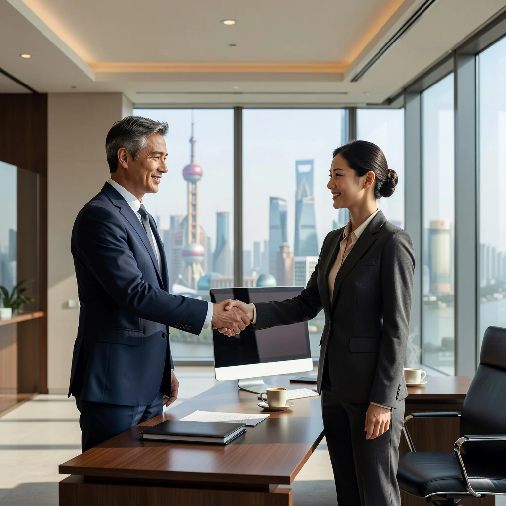 A photorealistic image of a professional adult Chinese employee in a modern office setting, shaking hands with a colleague during a job agreement discussion, symbolizing the start of employment under a labor contract. The scene conveys trust, professionalism, and opportunity in the Chinese workforce.