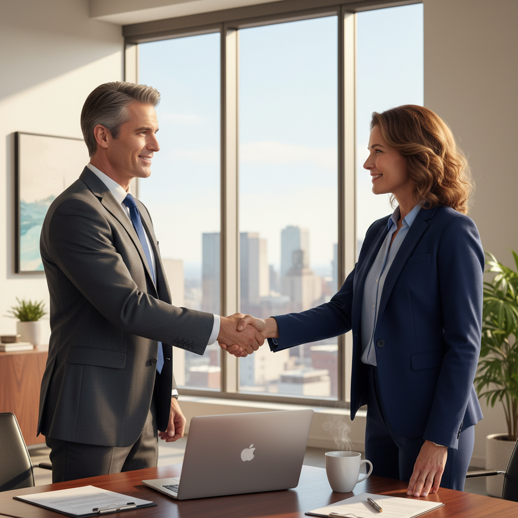 A photorealistic image of two professional adults in a modern office setting, shaking hands across a desk to symbolize a service agreement, with subtle business elements like a laptop and coffee mug in the background, conveying trust and collaboration in a professional service contract context.