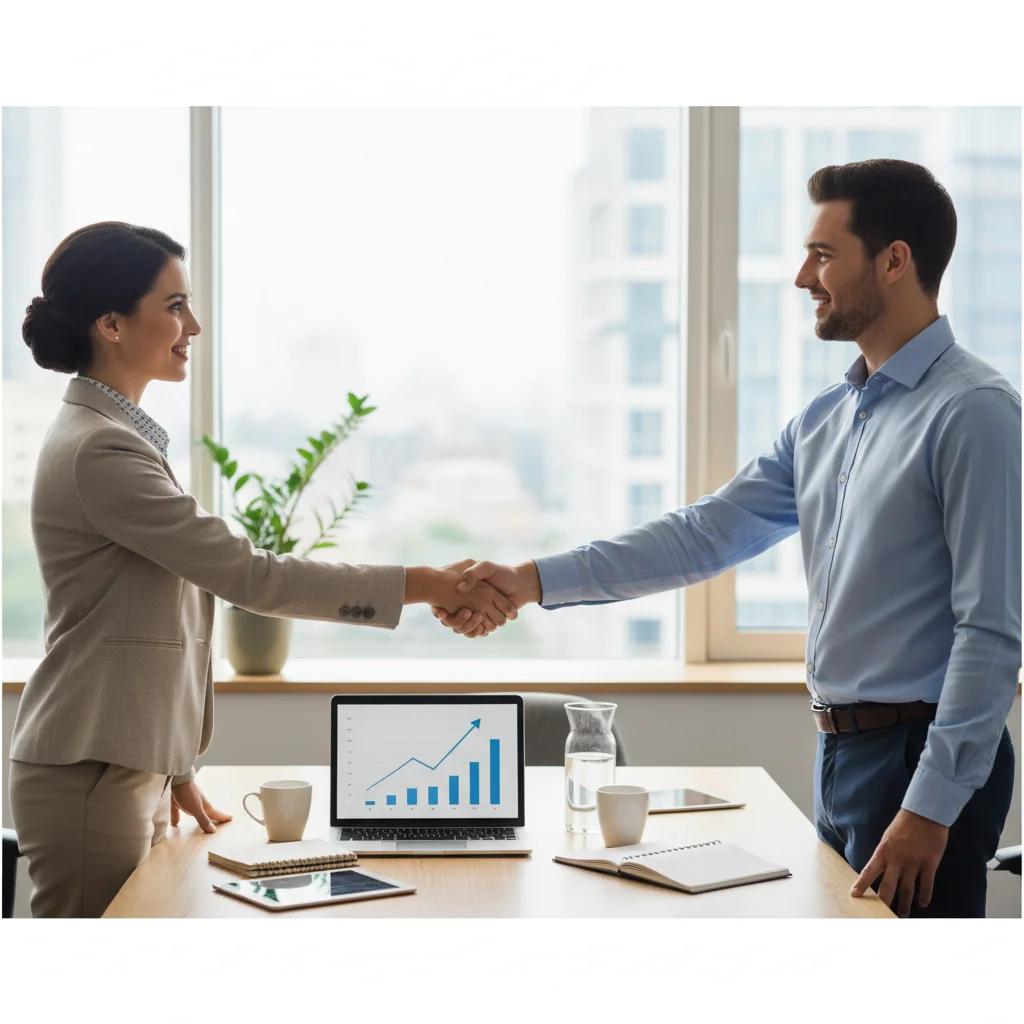 A professional independent contractor shaking hands with a business client across a table in a modern office, symbolizing agreement and collaboration, with subtle elements like a laptop and project sketches in the background to represent freelance work without showing any legal documents.