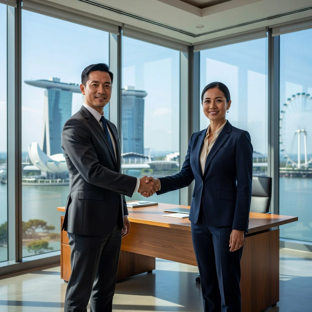A photorealistic image of two adult professionals in a modern Singapore office shaking hands over a desk, symbolizing the agreement in an independent contractor relationship. The scene includes subtle Singapore elements like a city skyline view from the window, with one person appearing as a freelancer and the other as a client, conveying trust and partnership in business.