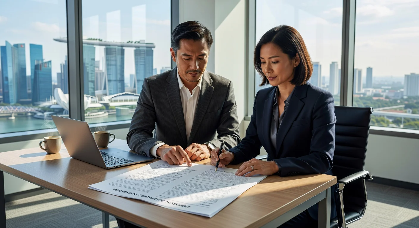 Business professionals reviewing contract