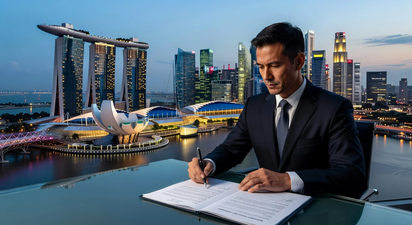 Singapore skyline with legal documents