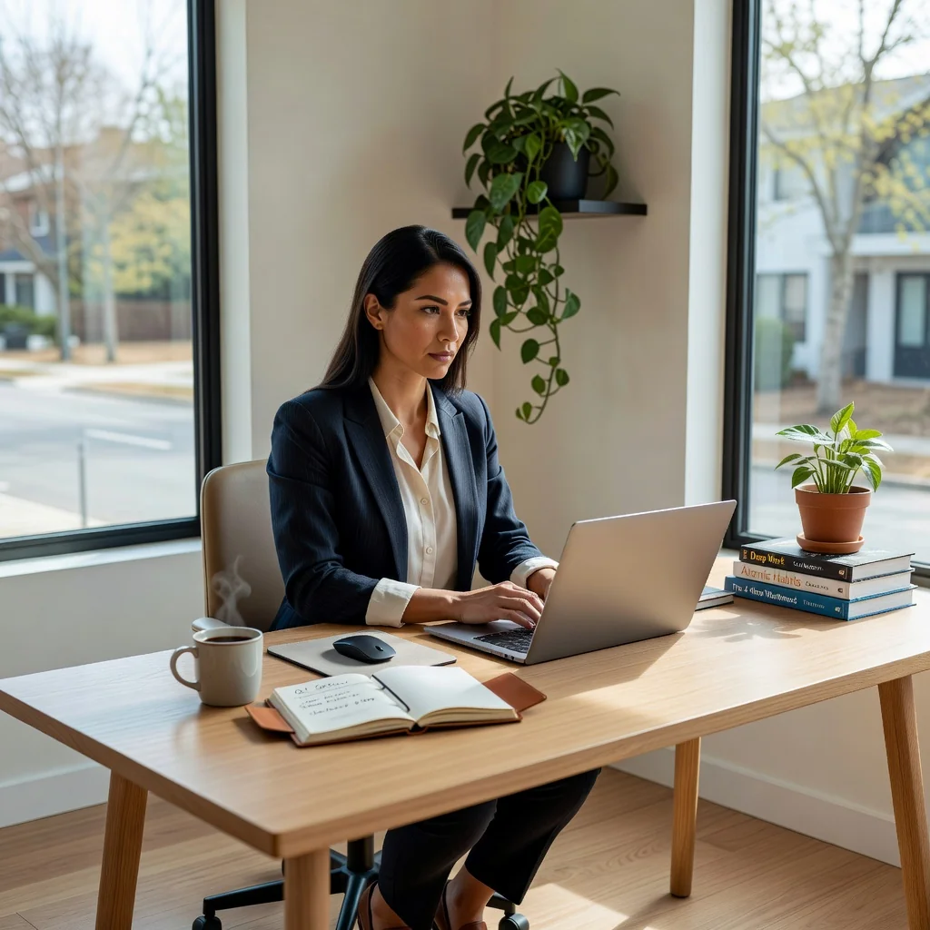 A photorealistic image of a professional freelancer working independently in a modern home office, symbolizing autonomous work and the purpose of an independent work contract. The scene shows an adult individual focused on a laptop, surrounded by organized workspace elements like notebooks and coffee, conveying freedom and professionalism.