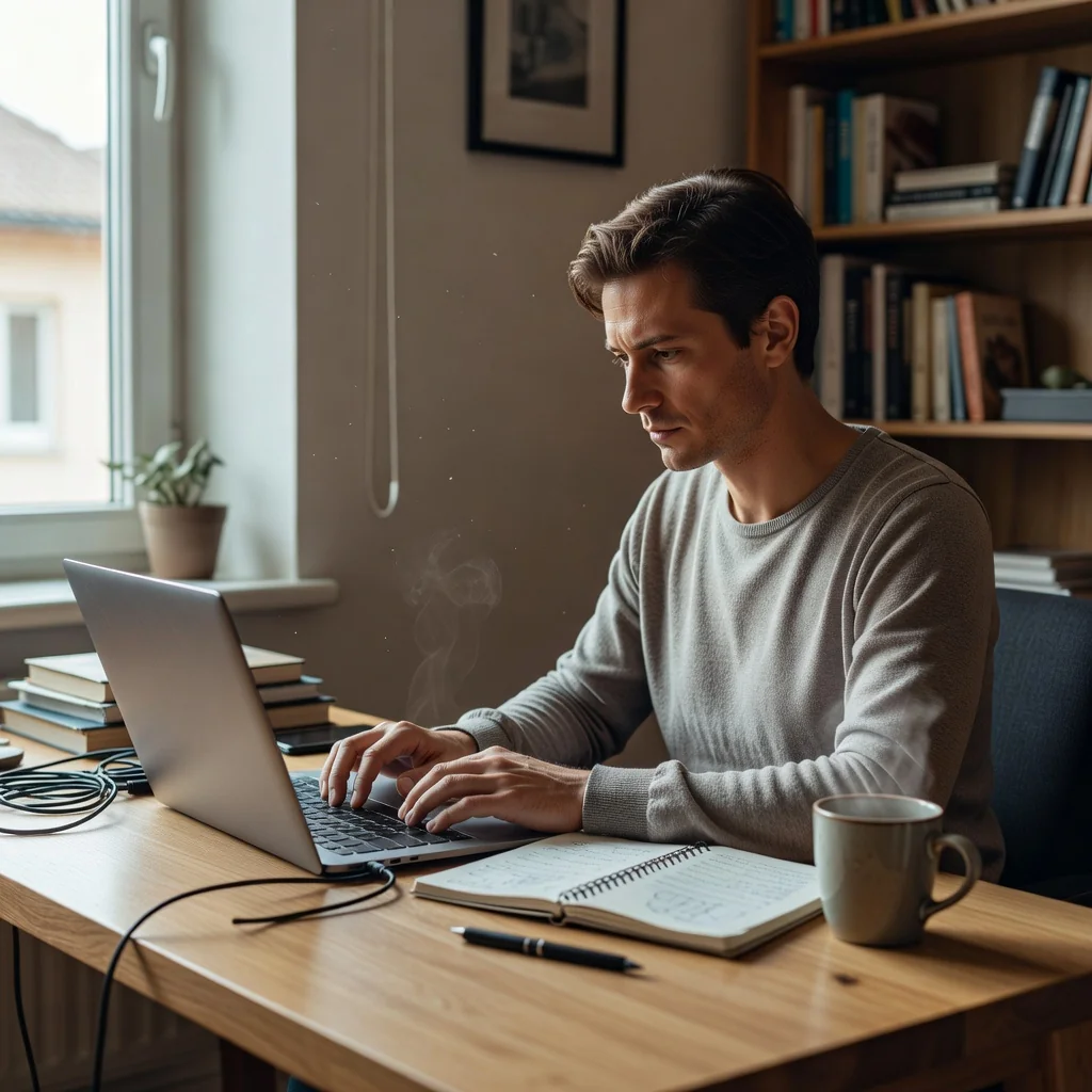 A photorealistic image of a professional freelance worker in a modern home office, balancing work and personal life, symbolizing the advantages and disadvantages of independent contracting, with a laptop, coffee mug, and window view, no children present.