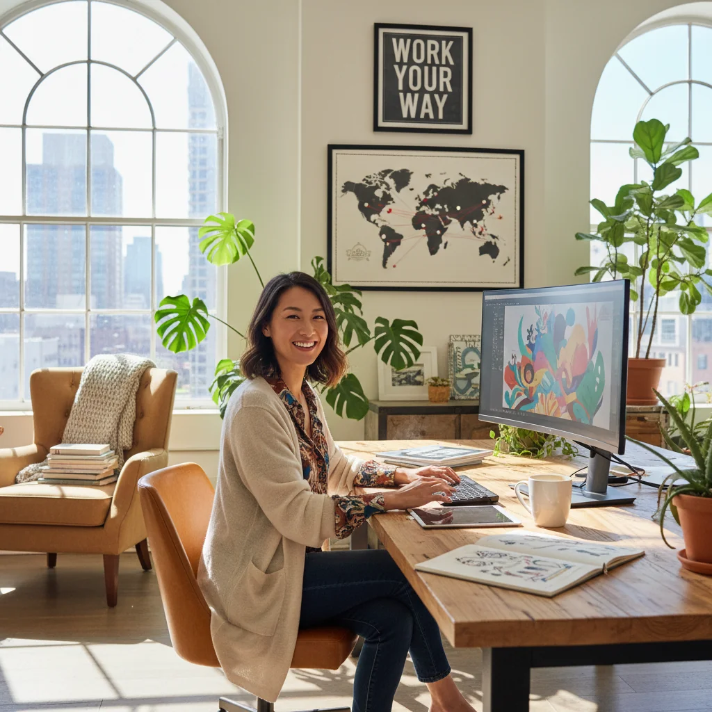 A professional freelancer working independently at a modern home office desk, surrounded by a laptop, notebook, and coffee mug, symbolizing the independence and common pitfalls in contractor agreements without showing any legal documents.