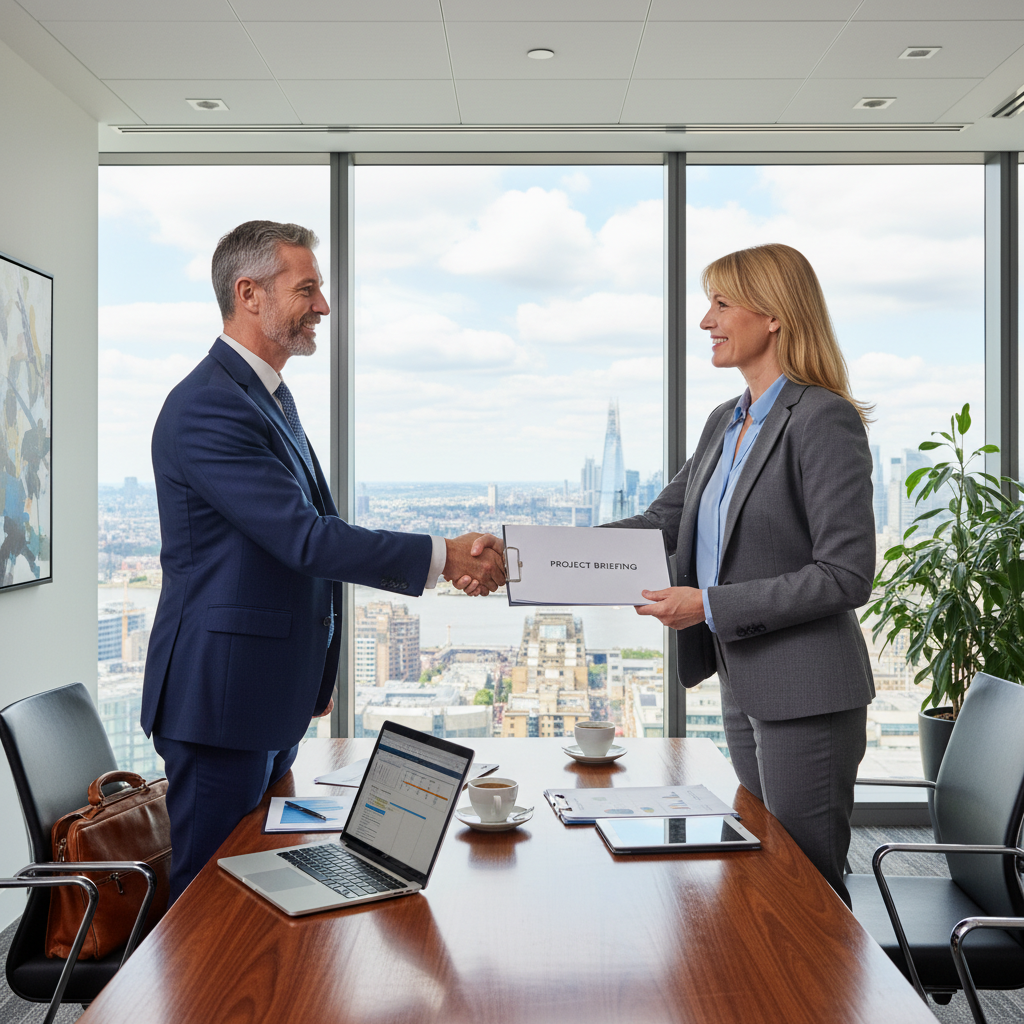 A photorealistic image of two professional adults in a modern UK office setting, one handing over a briefcase to the other, symbolizing the initiation of an independent contractor agreement. The scene conveys trust, professionalism, and business partnership, with elements like a Union Jack flag subtly in the background to indicate the United Kingdom context. No children are present in the image.