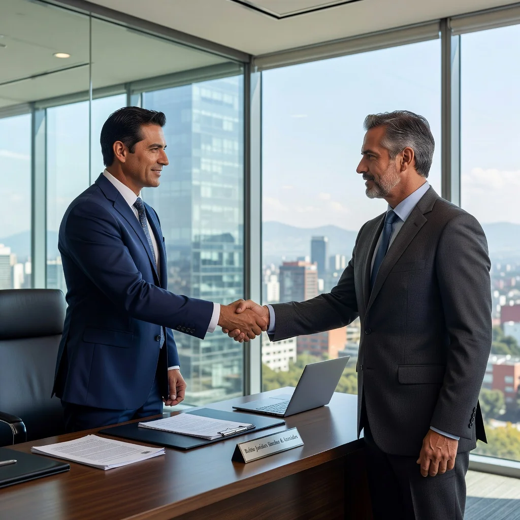 A photorealistic image of two professional adults, a Mexican lawyer and a business client, shaking hands in a modern Mexican office setting, symbolizing the agreement and trust in a professional services contract. The scene conveys professionalism, collaboration, and legal assurance without showing any documents.