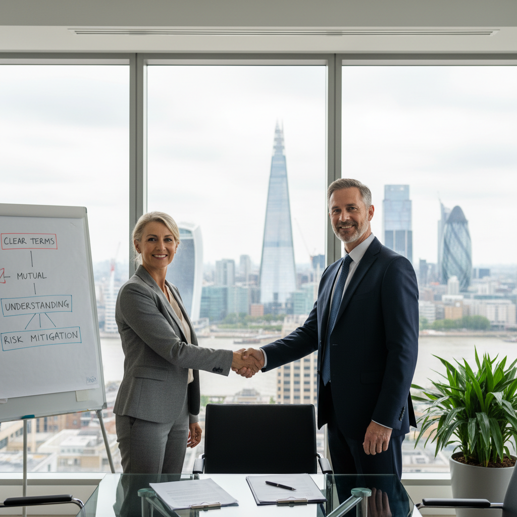 A photorealistic image of a professional adult independent contractor in a modern UK office setting, shaking hands with a business client across a desk, symbolizing a successful agreement without any mistakes, with subtle UK elements like a Union Jack flag in the background. No children or legal documents visible.