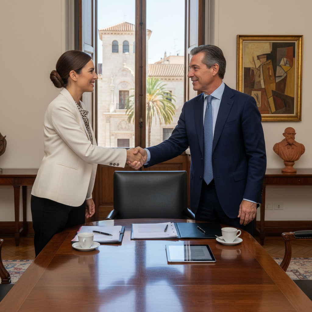 A photorealistic image depicting a professional service provider, such as a consultant or technician, in a modern office environment in Spain, shaking hands with a satisfied client across a desk, symbolizing trust and agreement in service contracts, with subtle Spanish elements like a flag or architecture in the background, conveying rights and obligations without showing any documents.