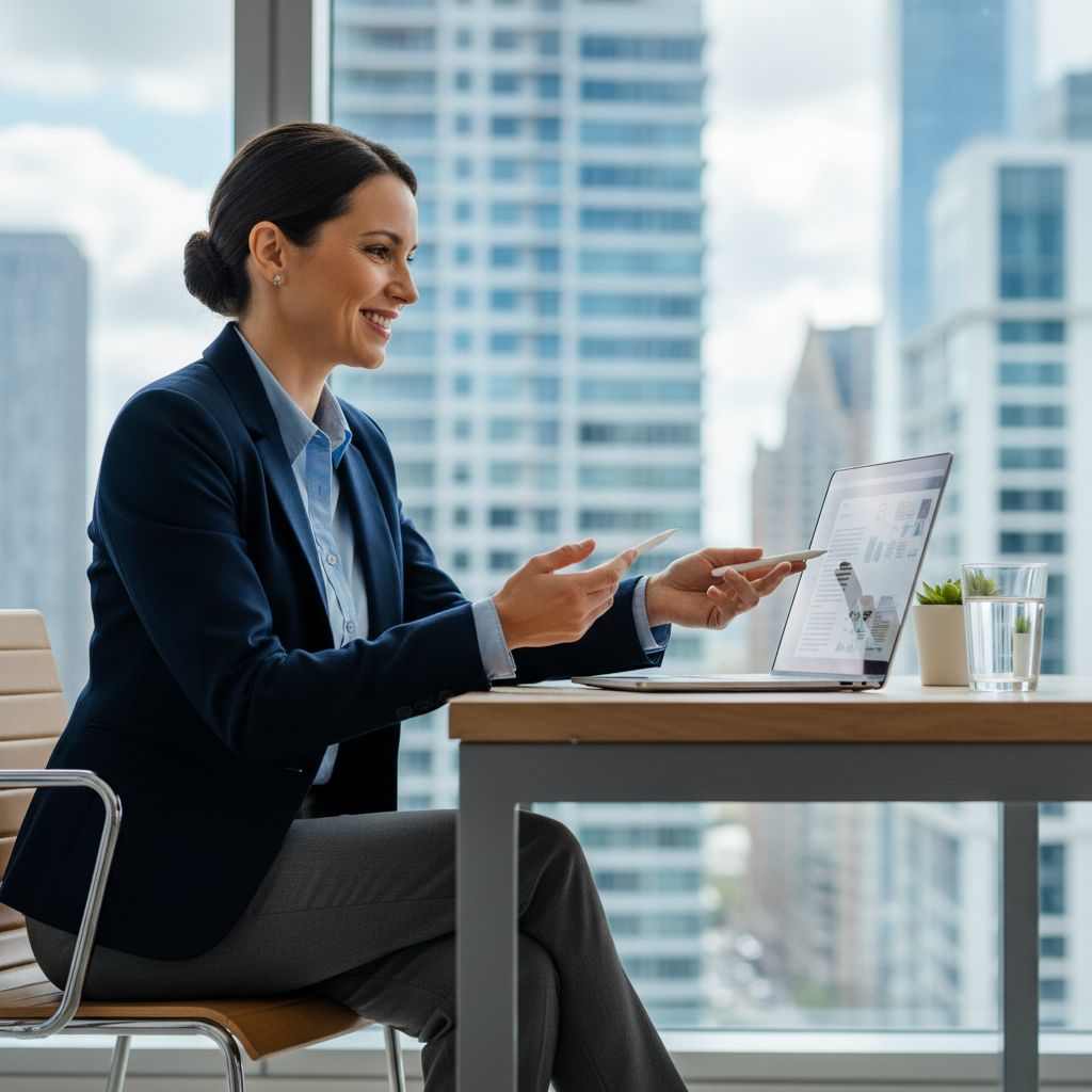 A photorealistic image of a professional independent contractor in a modern office setting, shaking hands with a client across a desk, symbolizing the agreement in a service provision contract. The scene conveys trust, collaboration, and professionalism, with elements like a laptop and coffee mug on the table, but no legal documents visible.