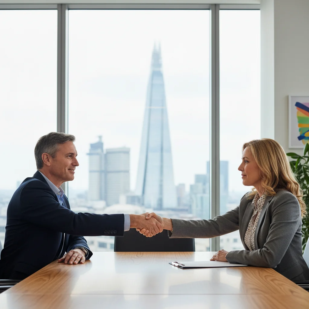 A photorealistic image depicting two professional adults in a modern UK office setting, shaking hands over a conference table to symbolize a business agreement between an independent contractor and a client, conveying trust and partnership without showing any legal documents.