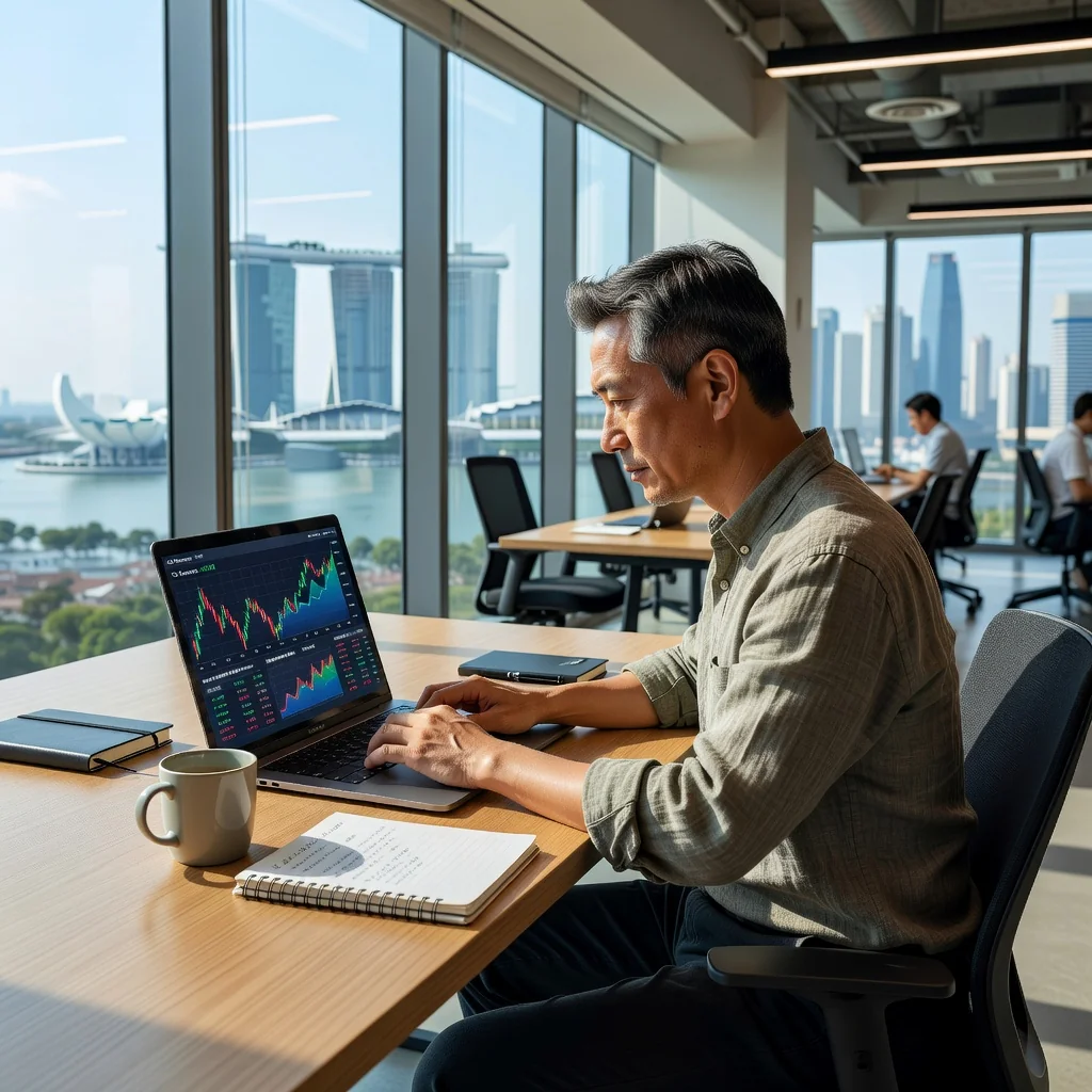 A photorealistic image of a professional independent contractor in Singapore, such as a freelancer working on a laptop in a modern co-working space with subtle Singaporean elements like a city skyline view, symbolizing financial independence and tax considerations, no children present.