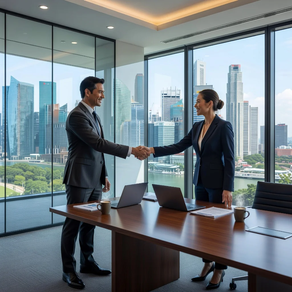A photorealistic image of two professional adults, a freelancer and a business client, shaking hands in a modern Singapore office with city skyline in the background, symbolizing a compliant independent contractor agreement under Singapore law. No legal documents visible. No children present.