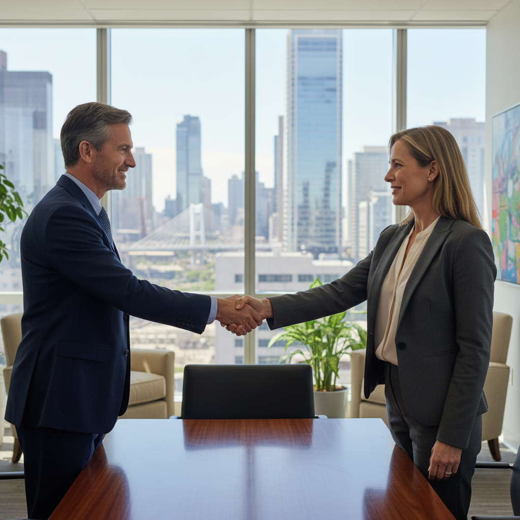 A photorealistic image of two professional adults in a modern office setting, shaking hands over a conference table to symbolize the agreement and mutual understanding in a civil law contract, conveying trust and partnership without showing any documents or children.