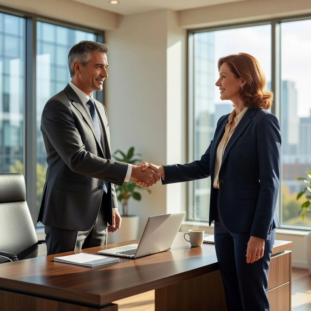 A photorealistic image of two professional adults in a modern office setting, shaking hands across a desk to symbolize the agreement and trust in a labor service contract, with subtle office elements like a laptop and coffee mug in the background, conveying professionalism and collaboration without focusing on any legal documents.