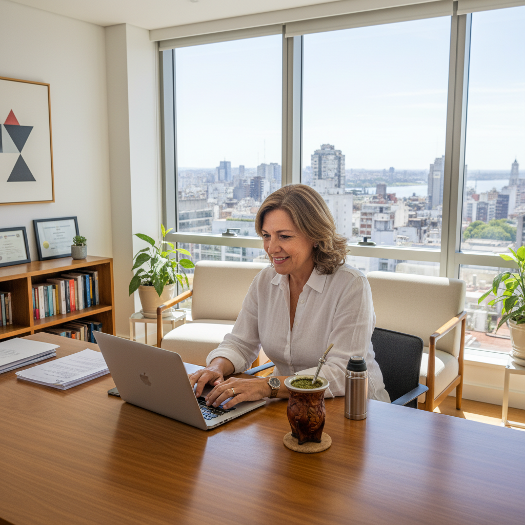 A photorealistic image depicting a professional freelancer in Argentina working independently on a laptop in a modern home office, surrounded by elements of Argentine culture like a mate cup and a window view of Buenos Aires skyline, symbolizing the freedom and flexibility of independent service contracts. No children are present in the scene.