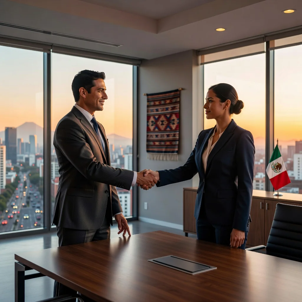 A photorealistic image of two professional adults, a man and a woman in business attire, shaking hands in a modern Mexican office setting with subtle national elements like a flag in the background, symbolizing a service provision agreement.