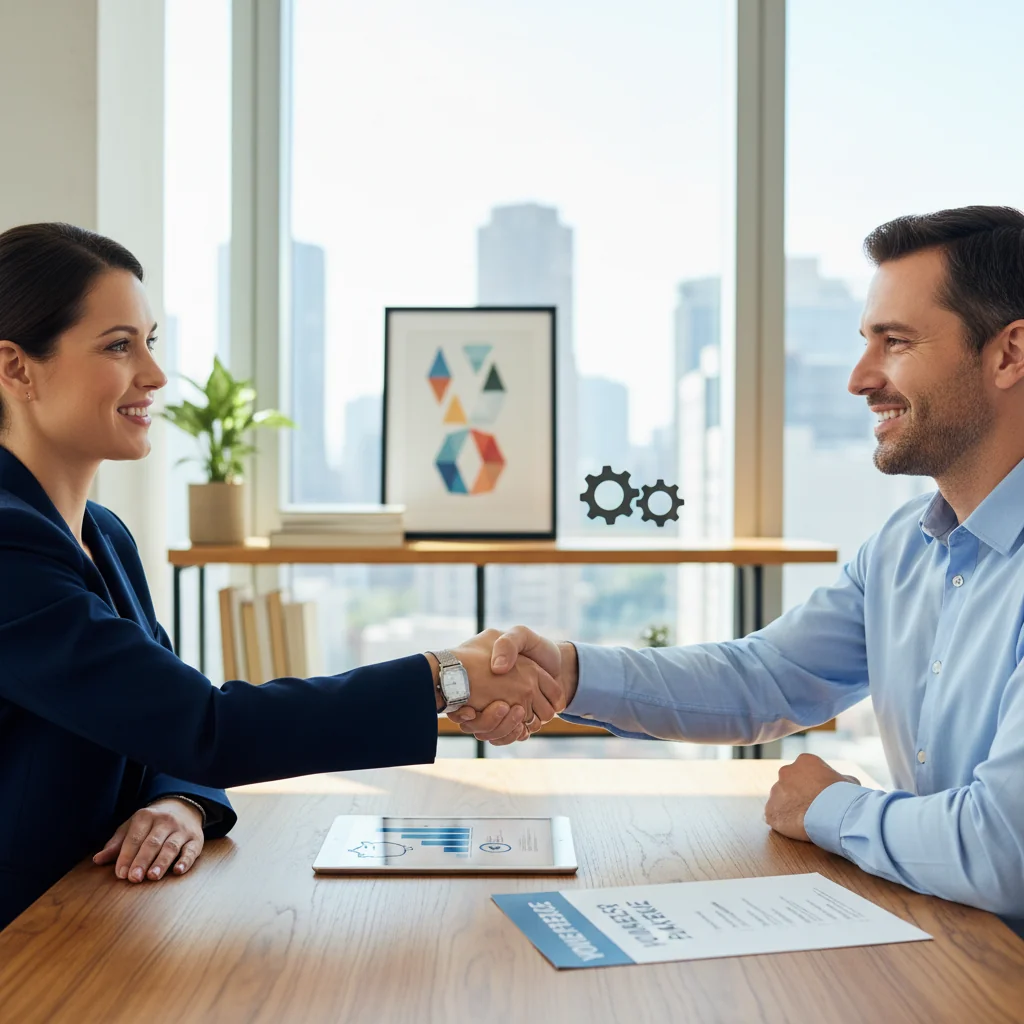A photorealistic image depicting a professional handshake between a smiling employer and employee in a modern office environment, symbolizing mutual benefits and agreement in an employment contract. The scene conveys trust, partnership, and satisfaction without showing any legal documents.