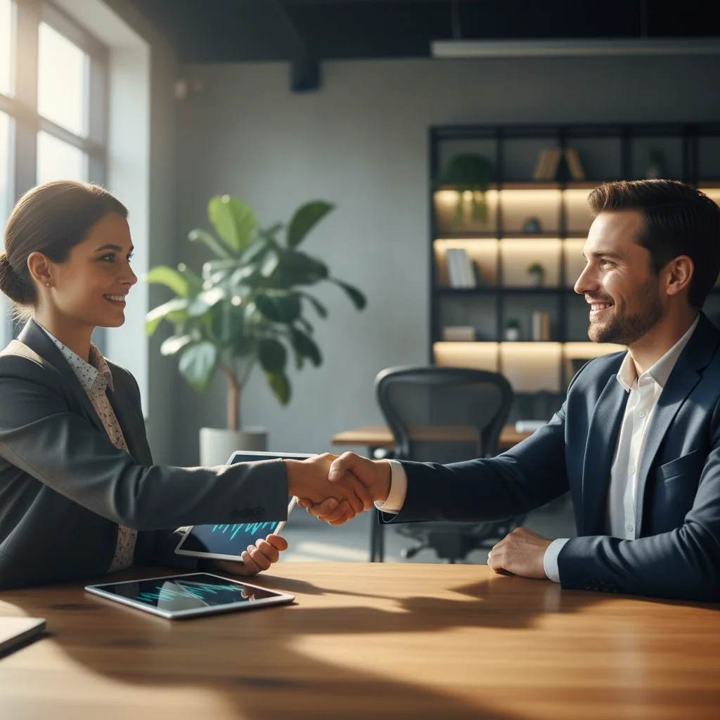 A professional handshake between a freelancer and a business owner in a modern office setting, symbolizing the agreement and collaboration in an independent contractor relationship, with elements like a laptop and coffee cup in the background to evoke freelance work.