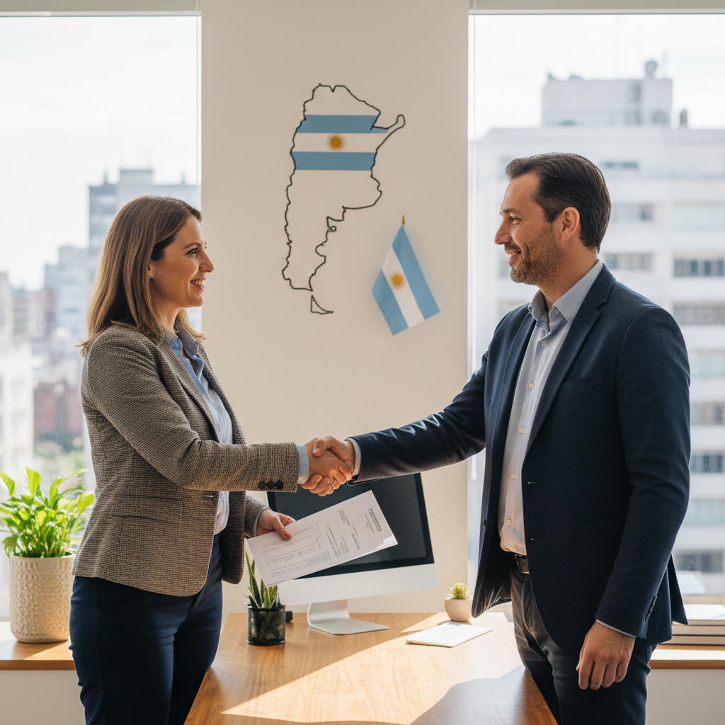 A photorealistic image depicting an independent service provider in Argentina, such as a professional consultant or freelancer, confidently shaking hands with a client in a modern office setting, symbolizing the mutual rights and obligations in a service contract, with subtle Argentine elements like a flag in the background, no children present, highly detailed and realistic photography style.