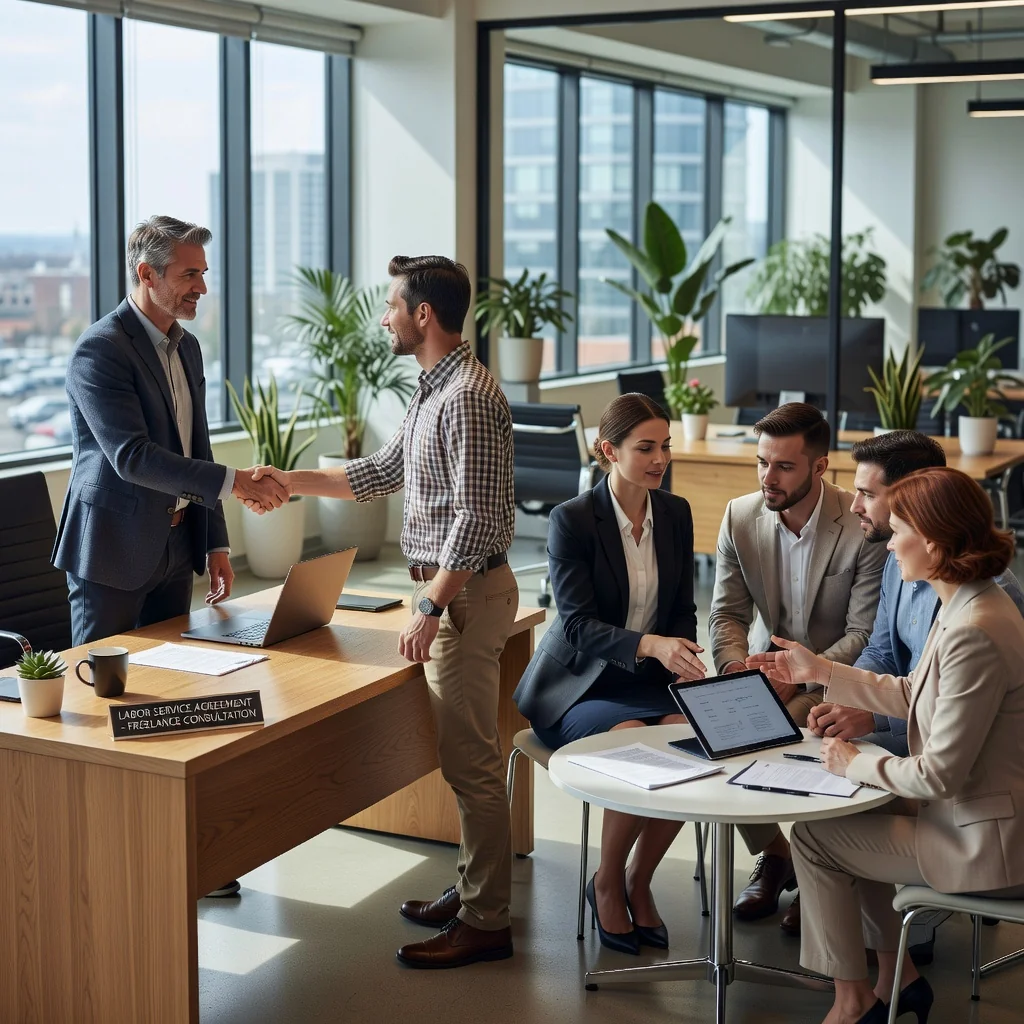 A photorealistic image depicting the distinction between labor service contracts and labor contracts, symbolized by two professionals in a modern office: one shaking hands with a client in a freelance consultation, and another employee receiving guidance from a supervisor in a team meeting, emphasizing professional relationships without showing any legal documents.