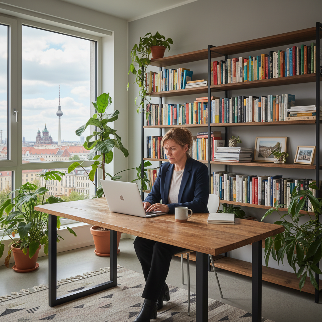 A photorealistic image of a professional freelancer working independently in a modern home office in Germany, symbolizing the freedom and flexibility of a Freier Dienstvertrag, with German cultural elements like a window view of a cityscape, no legal documents visible, no children present.