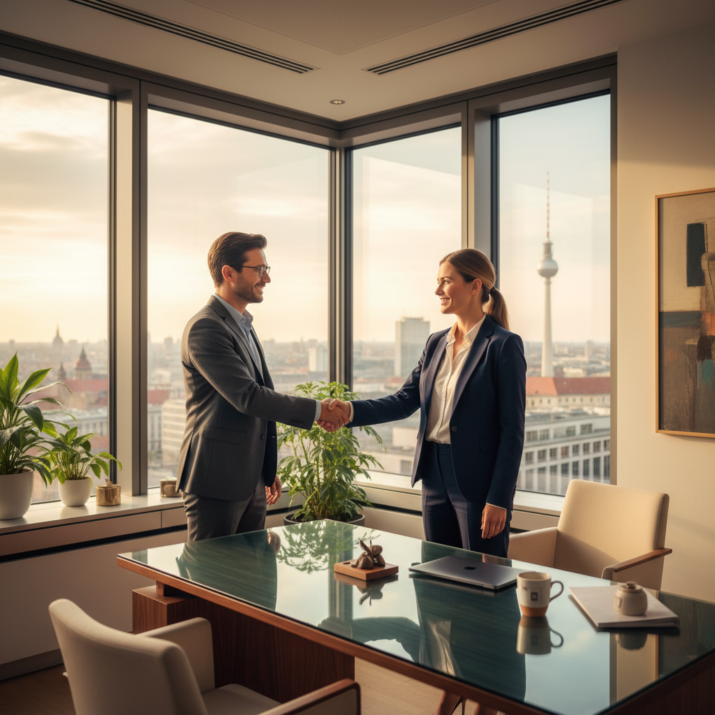A photorealistic image of two adults shaking hands in a professional German office setting, symbolizing the agreement of a freelance service contract, with subtle German elements like a flag or architecture in the background, conveying trust and partnership without showing any documents.